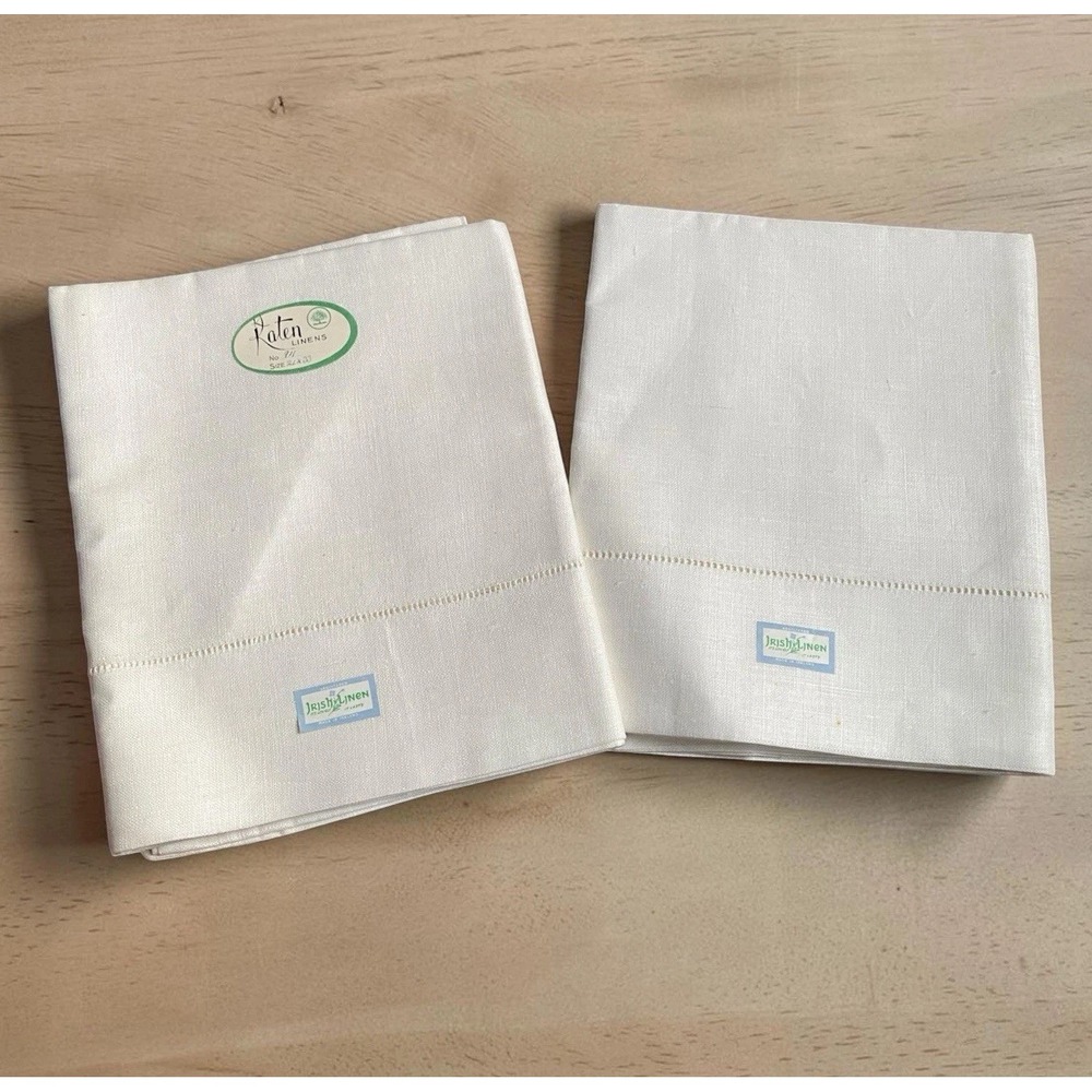 Vintage Irish Linen Pillowcases Count 2 White Queen size 33x21" NEW